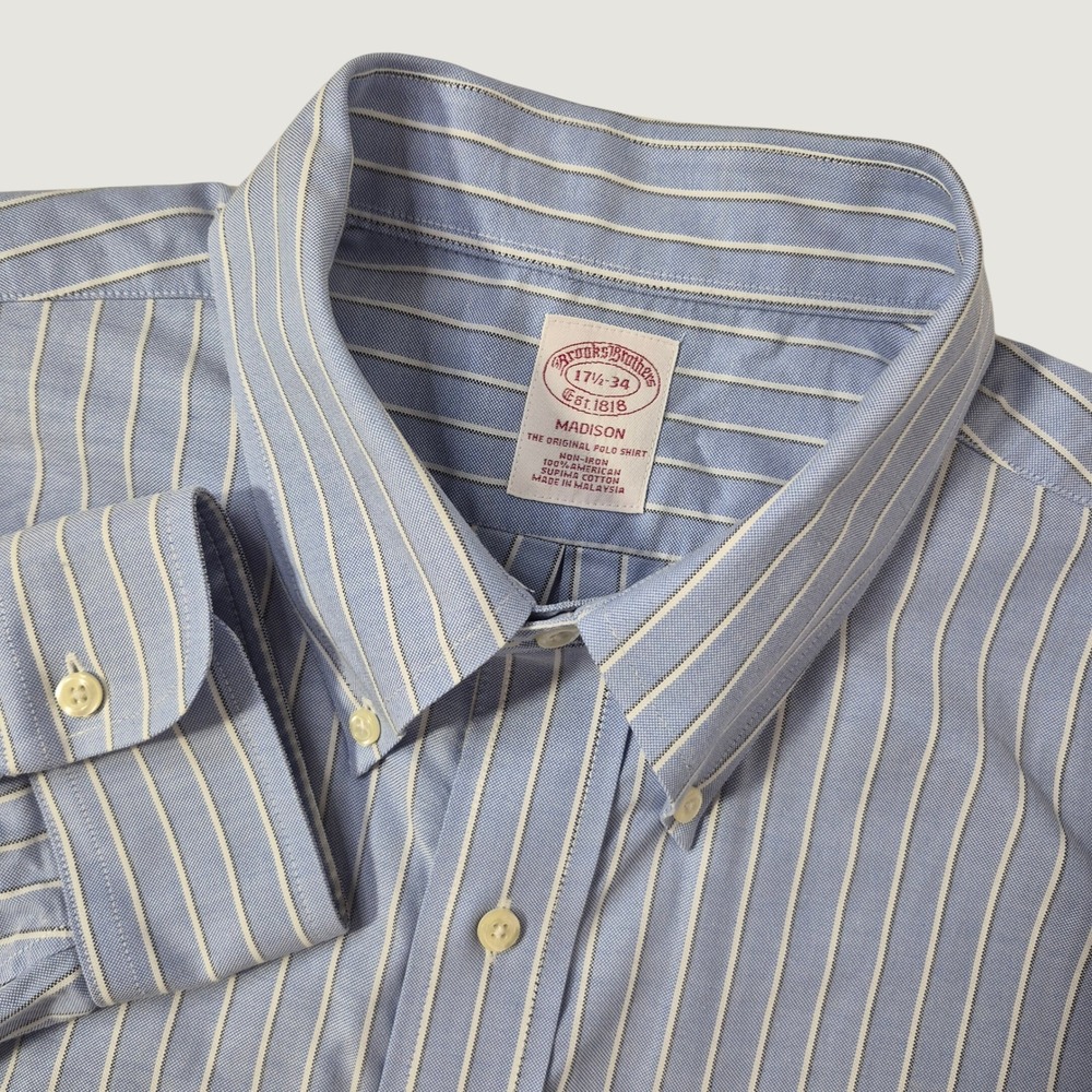Brooks Brothers Oxford Button Down Shirt Men 17.5-34 Blue Striped Madison Supima